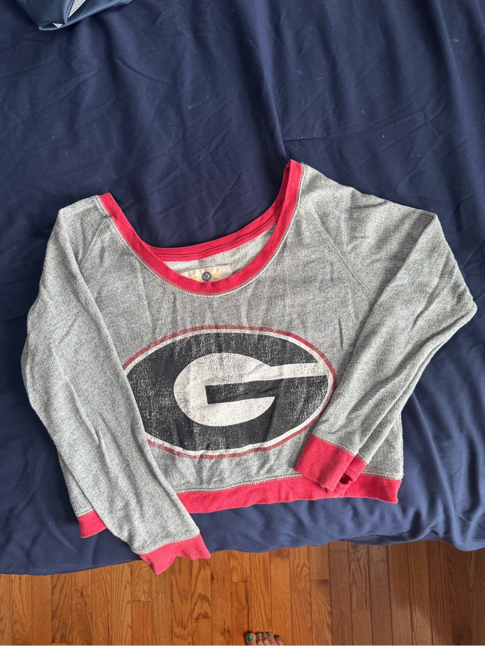 UGA Women's Long Sleeve Off the Shoulder Distressed Sweatshirt